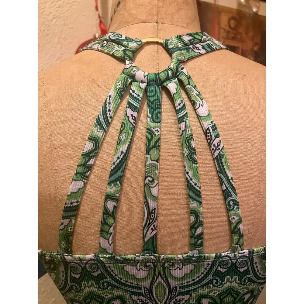 Green Paisley Ribbed V-neck Cutout Back Tankini Top NWT Size L (Runs Small)